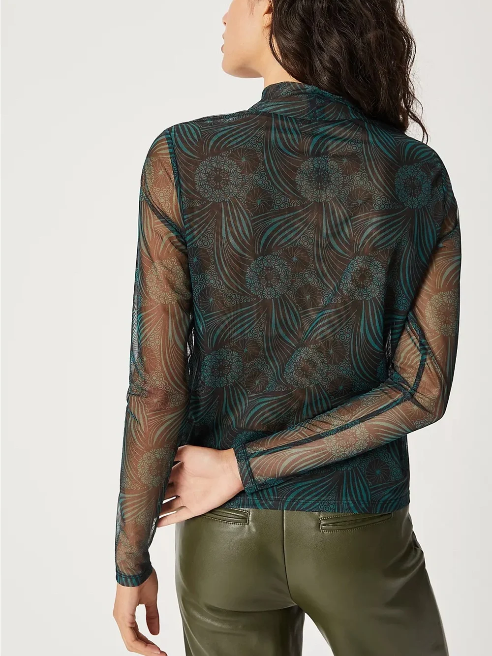 Anthropologie Gauzy Turtleneck Sheer Mesh Teal Green Black Floral Size M